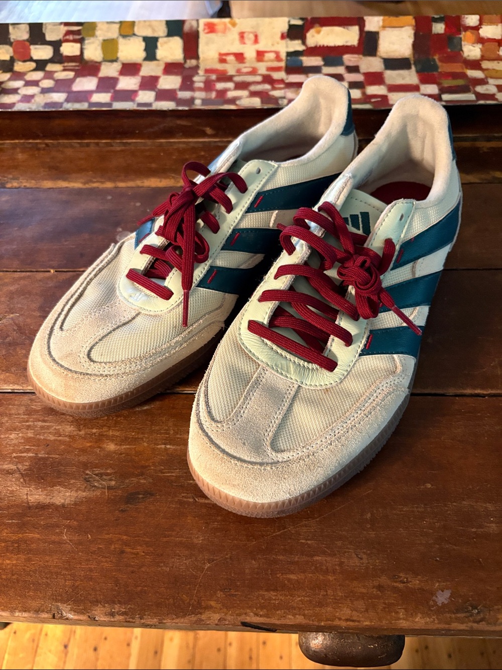 adidas Beige Sneakers with Teal Stripes and Burgundy Laces